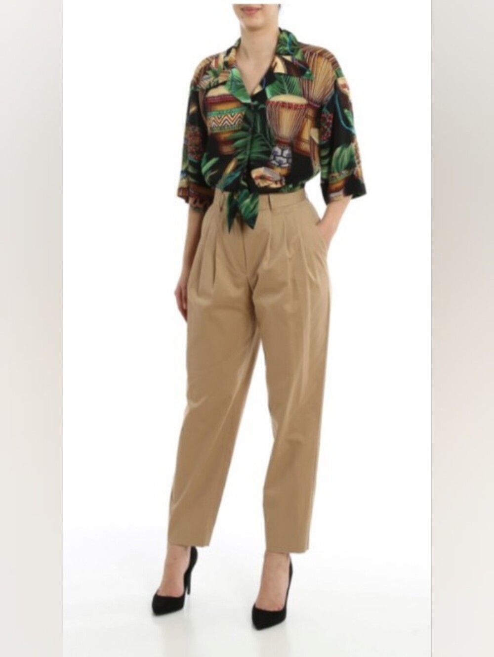 D&G Women's Khaki Pleated Chinos with Leopard Waistband